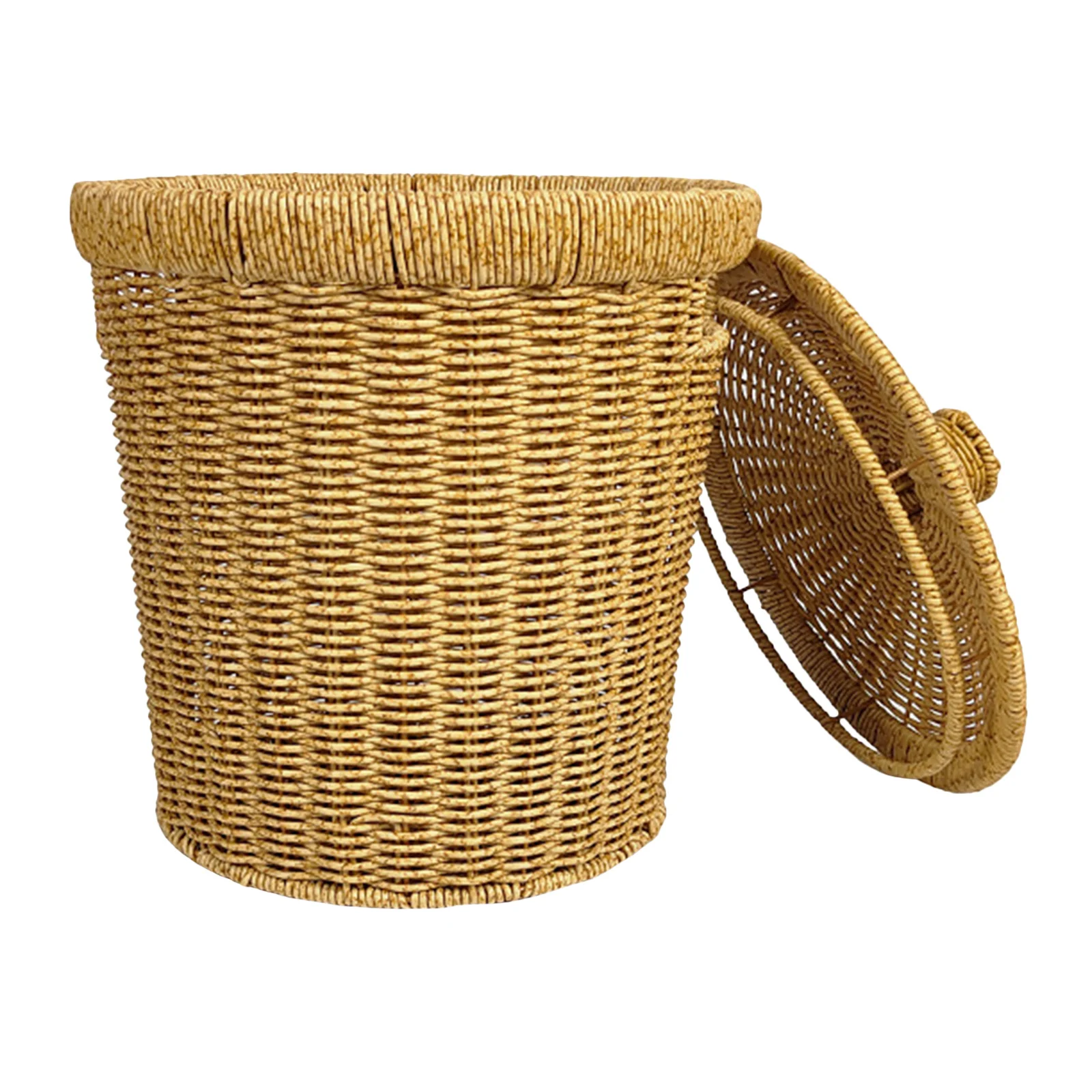 

Handwoven Imitation Rattan Trash Can with Lid Round Woven Basket for Bathroom Kitchen Office Bedroom Smooth Surface Odor Control