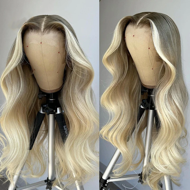 Natural Glueless 24Inch Body Wave Highlight Blond HD Lace Frontal Wigs 180 Density Pre Plucked Hair Wigs For Women Deep Part