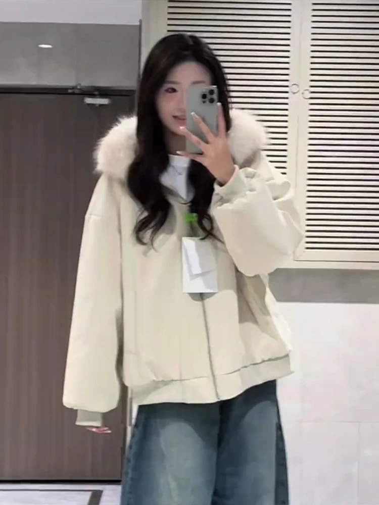 

Утепленная куртка из искусственного меха кролика в американском стиле с капюшоном, для мужчин и женщин, на хлопковой подкладке, зимняя, теплая, повседневная, свободного кроя