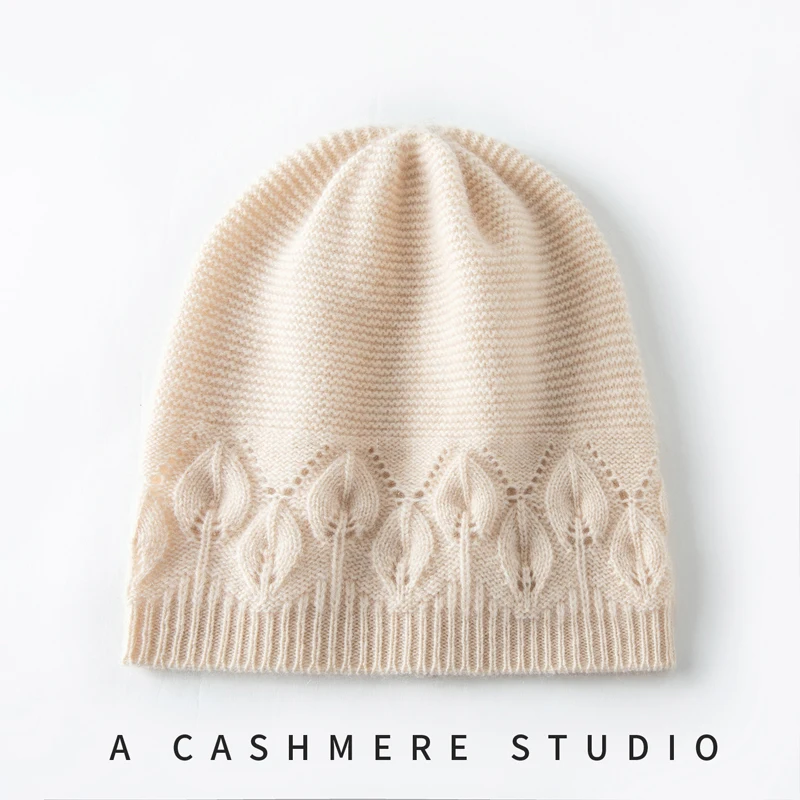 New Winter Hat Women Soft Warm Pure Cashmere Knitted Jacquard Solid Color Adult Casual Beanie Hats Autumn Fashion Pullover Cap