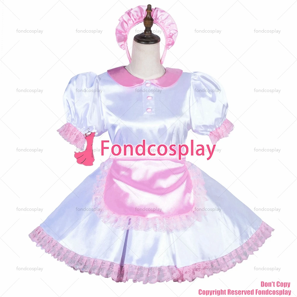 fondcosplay adult sexy cross dressing sissy maid Lockable white Satin Dress apron CD/TV Peter Pan collar CD/TV[G3819]