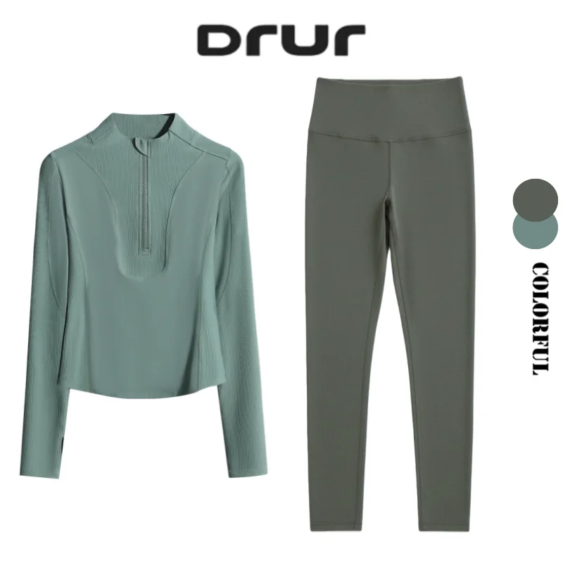 

DRUR Seamless Yoga Sets 2 Piece Sportswear Outfits With Long Sleeve Zipper Jacket and High Waist Leggings Butt Lifting Gym Set