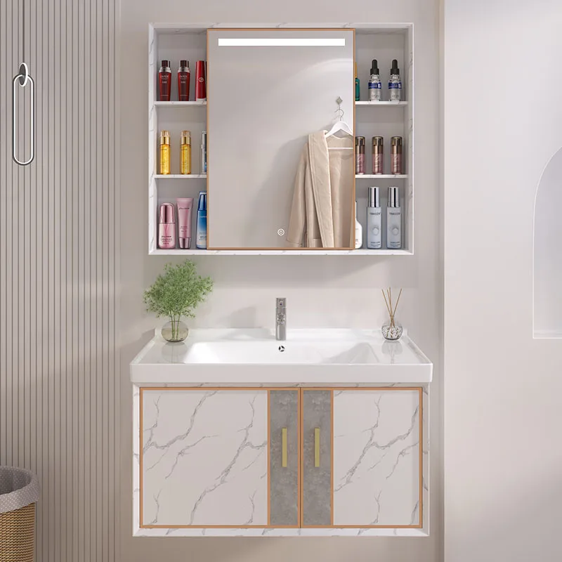 Mueble de baño de madera contrachapada con espejo, mueble con diseño de almacenamiento, lavabo, medicina, luz Led