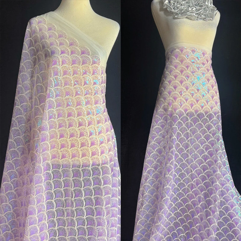 Laser Mermaid Scales Sequin Embroidery Mesh Fabric Shiny Stage Performance Costume Evening Dress Cloth Fashion Designer Fabric