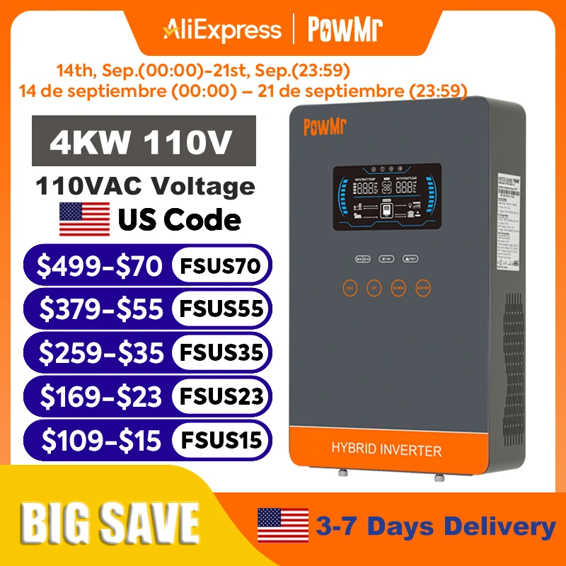 PowMr 4KW Hybrid Solar Inverter 24V 110V Off Grid Inverter Work Without Battery with MPPT 140A Solar Battery Charger