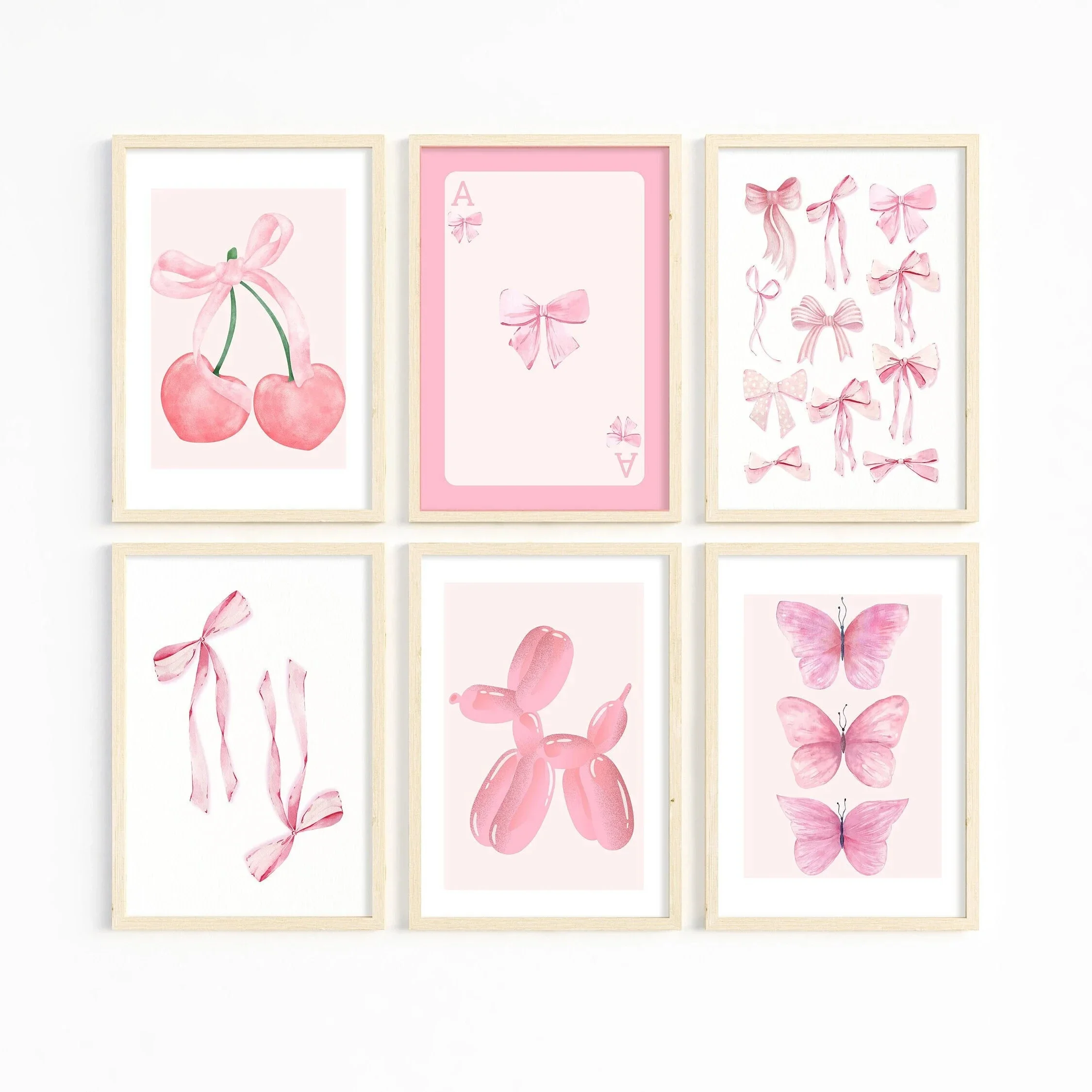 1pc frameless Pink Cherry Balloon Puppy Canvas Print Butterfly Playing Cards A Wall Art Poster for University Apartment Girl's R