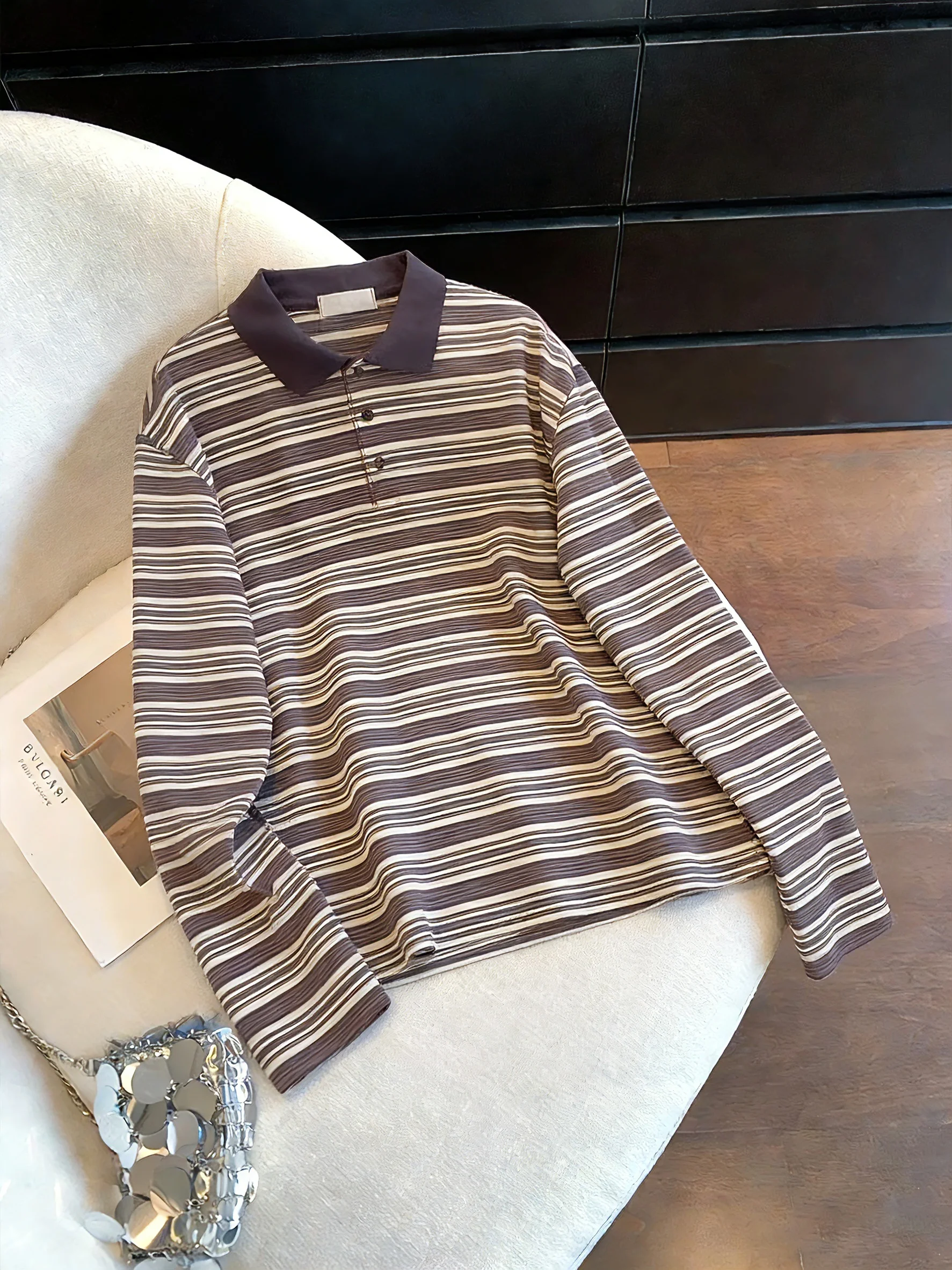 

Корейская модная женская футболка с длинным рукавом, повседневный полосатый топ с отложным воротником, весенне-осенний дизайн, универсальный для работы и отдыха