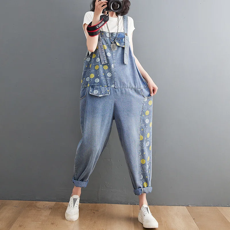 

#2353 Summer Pencil Harem Denim Jumpsuits Women Sleeveless Vintage Loose Jeans Jumpsuits Femme Printed Denim Overalls Ladies