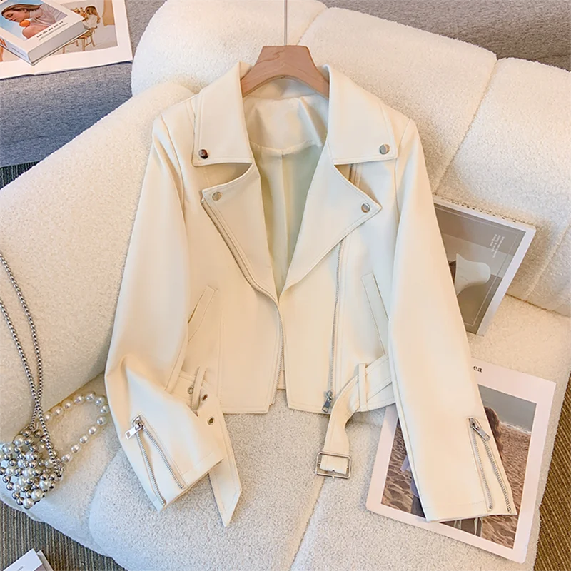 Streetwear Black Short Faux Pu Leather Jacket With Belt Women Beige Slim Short Coat Autumn Lapel Long Sleeve Female Biker Jacket