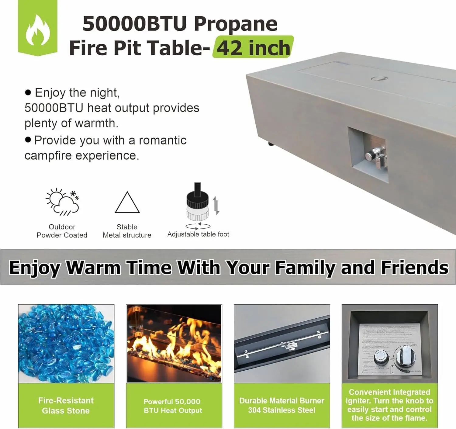Outdoor Backyard or Patio Fire Pit, Rectangular Shape, Grey Color, 50,000 BTU with Wind Guard and Cover view 3