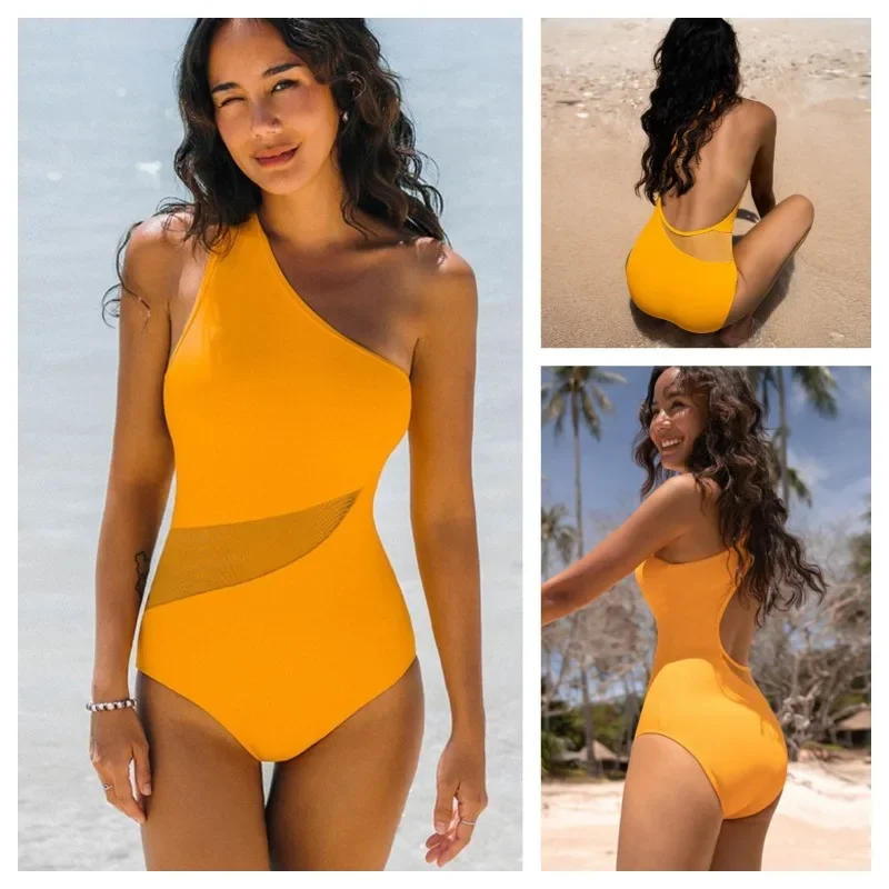 

2024 Summer Women's Swimwear One Piece Mesh Bathing Suit Orange Female Sexy Bikinis Cut Out Shoulder Backless Swimsuit Beachwear