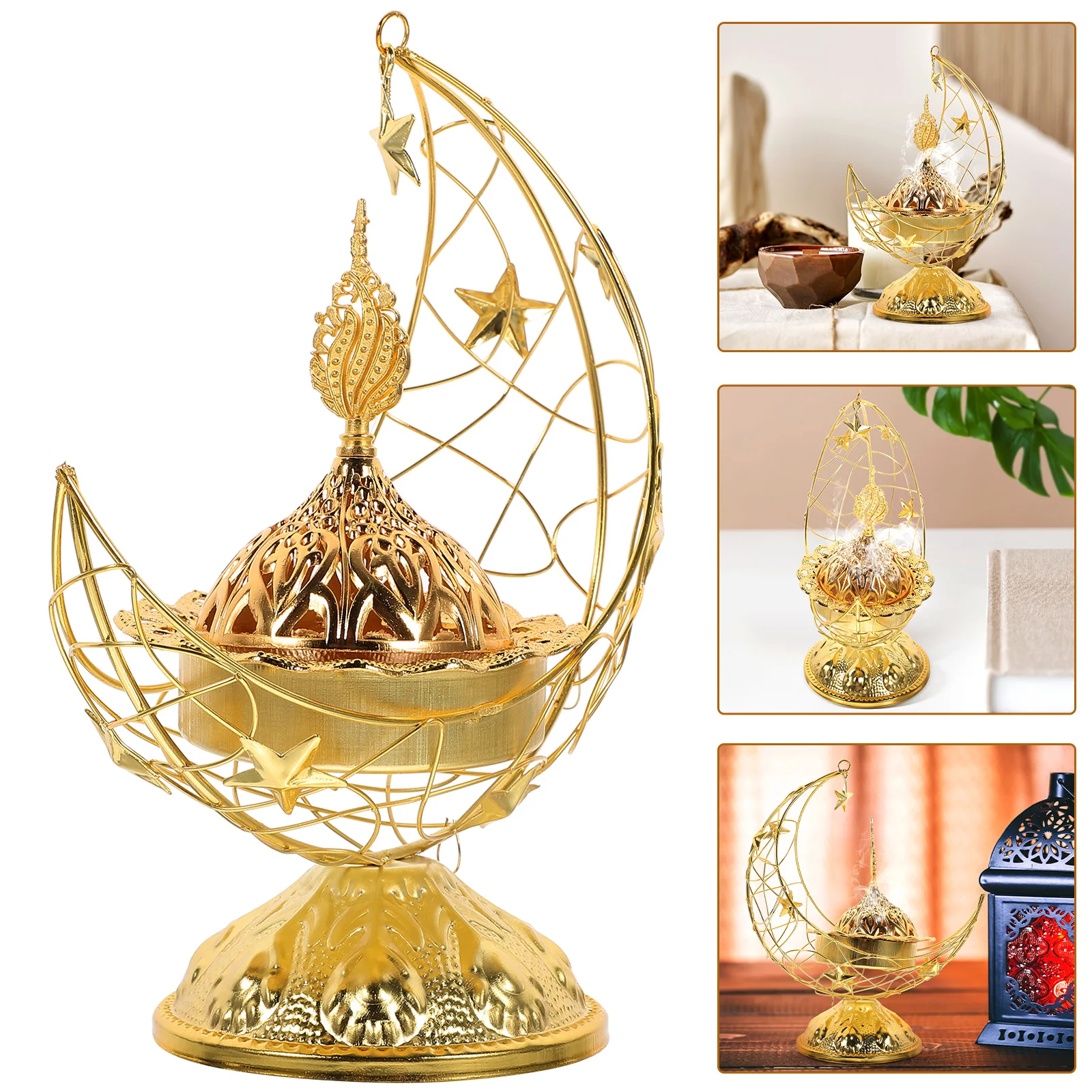 

Elegant Vintage Moon Shape Arabic Style Cone Holder Desktop Decorative Censer Hollow Metal Aroma Burner Home Festive Ornament