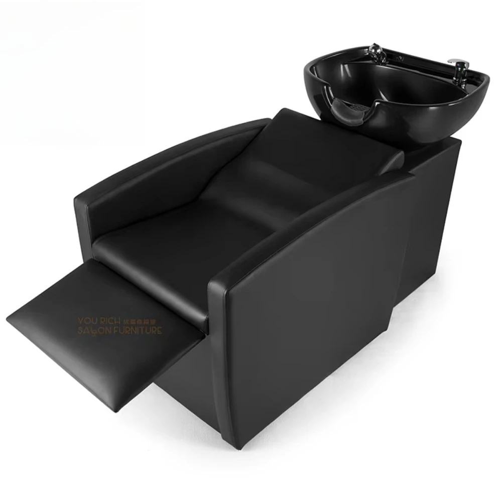 Black Shampoo Chair Comfortable Shampoo Chair Adjustable Leg Support Shampoo Chair Ceramic Basin  Head Massage