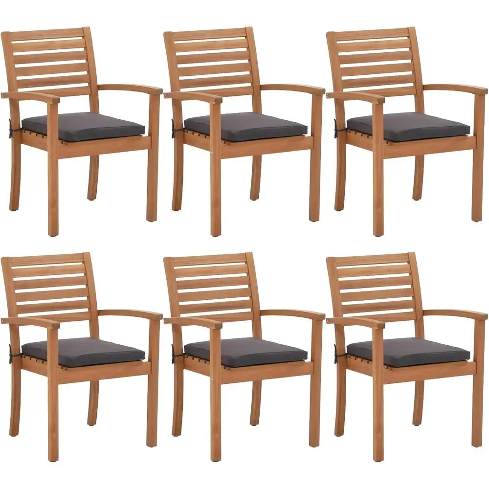 

6-Piece Stackable Acacia Wood Patio Dining Set with Armrests and Removable Grey Fabric Cushions