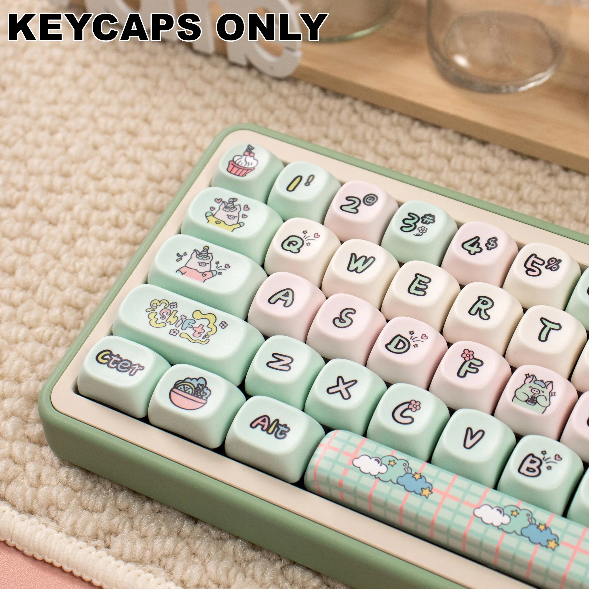 135 Keys Strawberry Milk Green Pig PBT MOA Keycaps Dye-Sublimated Keycap Set for Mx Cherry Gateron Switch Mechanical Keyboard