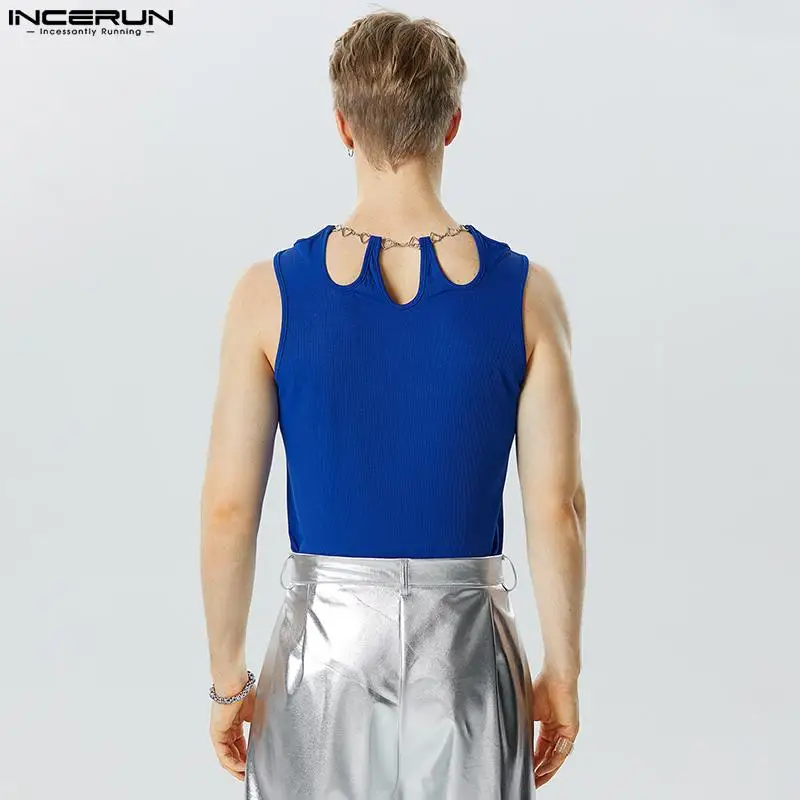 Men Tank Tops Solid Color Hollow Out Sleeveless Streetwear Sexy Irregular Vests Fitness 2023 Fashion Unisex Tops S-5XL INCERUN