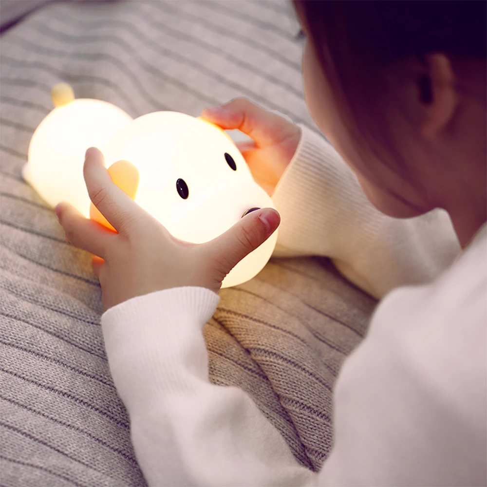 Cute Night Light Dog Silicone Lamps Warm White Pat Control Lovely Birthday Christmas Gift for Kids Boy Soft Touch USB Recharging