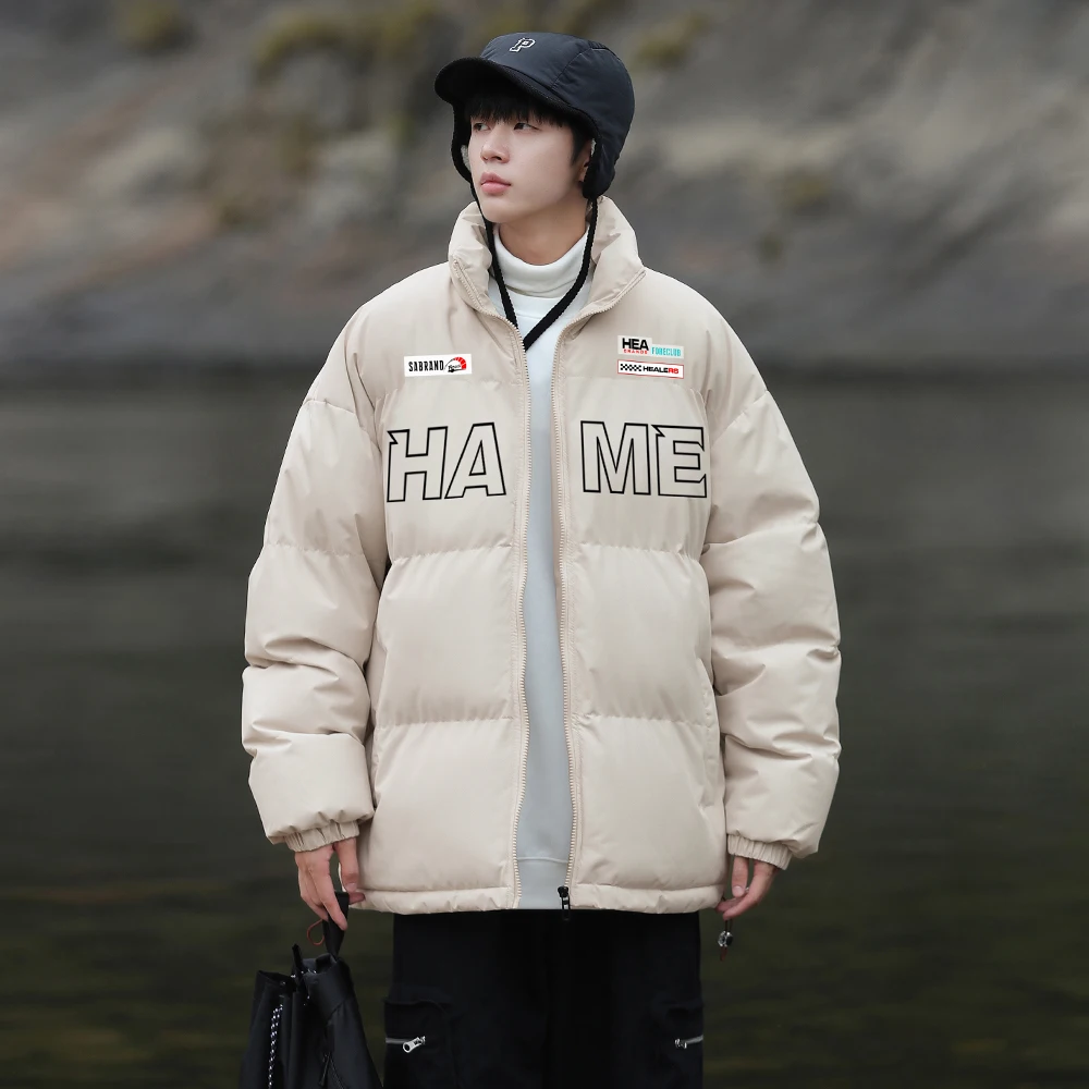 

Men's Winter Thiened Warmth Cotton Jaet Stand Collar down Cotton Coat American Retro Motorcycle Outerwear Casual Sle