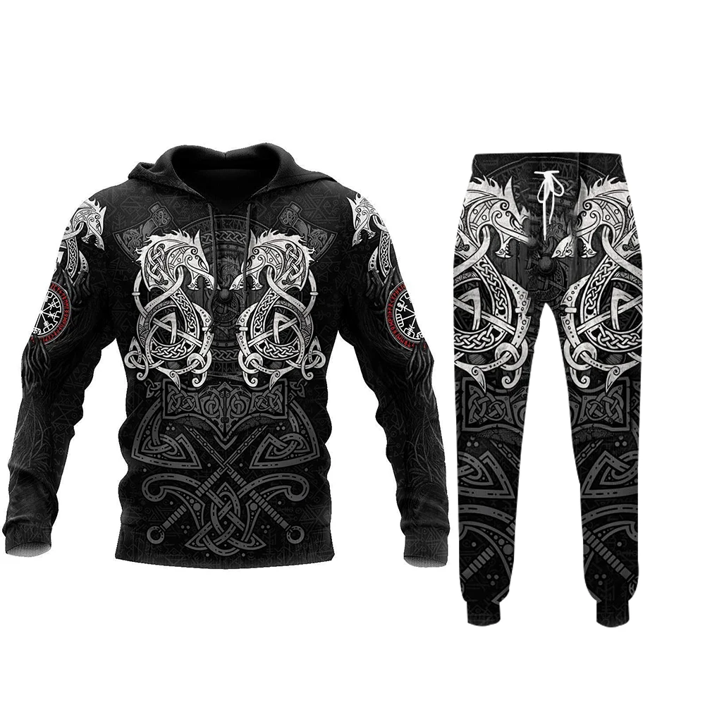 Men\'s Hoodies Set Vintage 3D Demon Print 2-Piece Hooded Sweat pants for Men Fall Casual Street Vintage Men\'s Fashion Sweatshirt