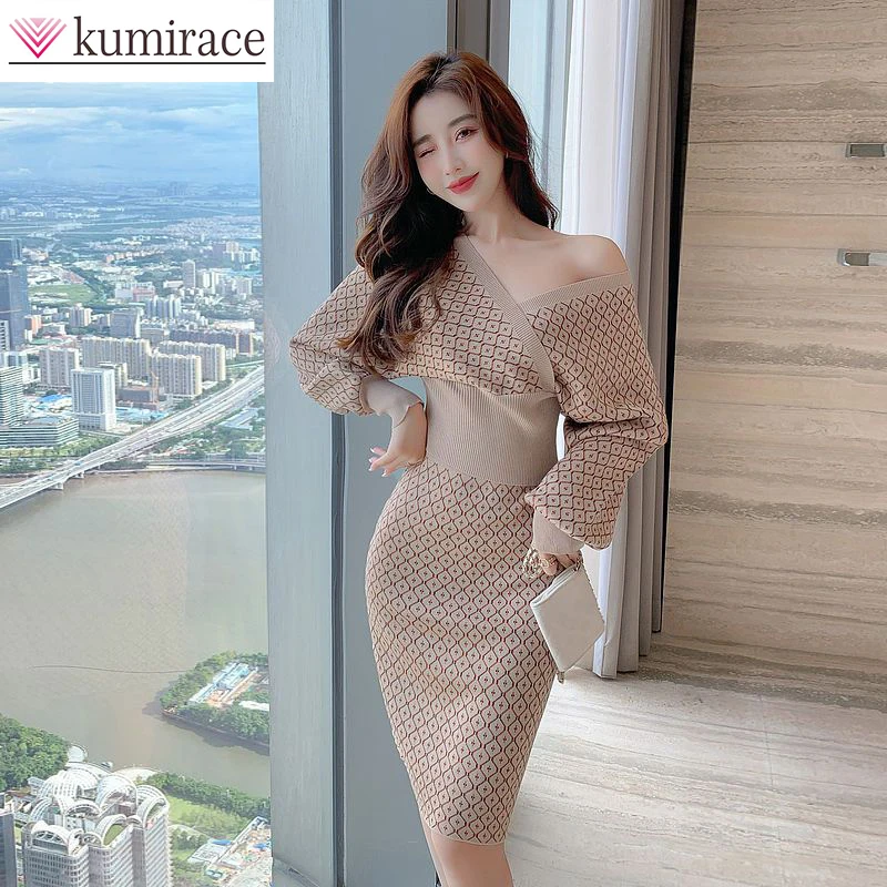 

Elegant Women's Set 2023 Slim Fit Color-blocking V-neck Sexy Top Waist Wrap Hip Skirt Knitted Two-piece Skirt Set Party Dresses