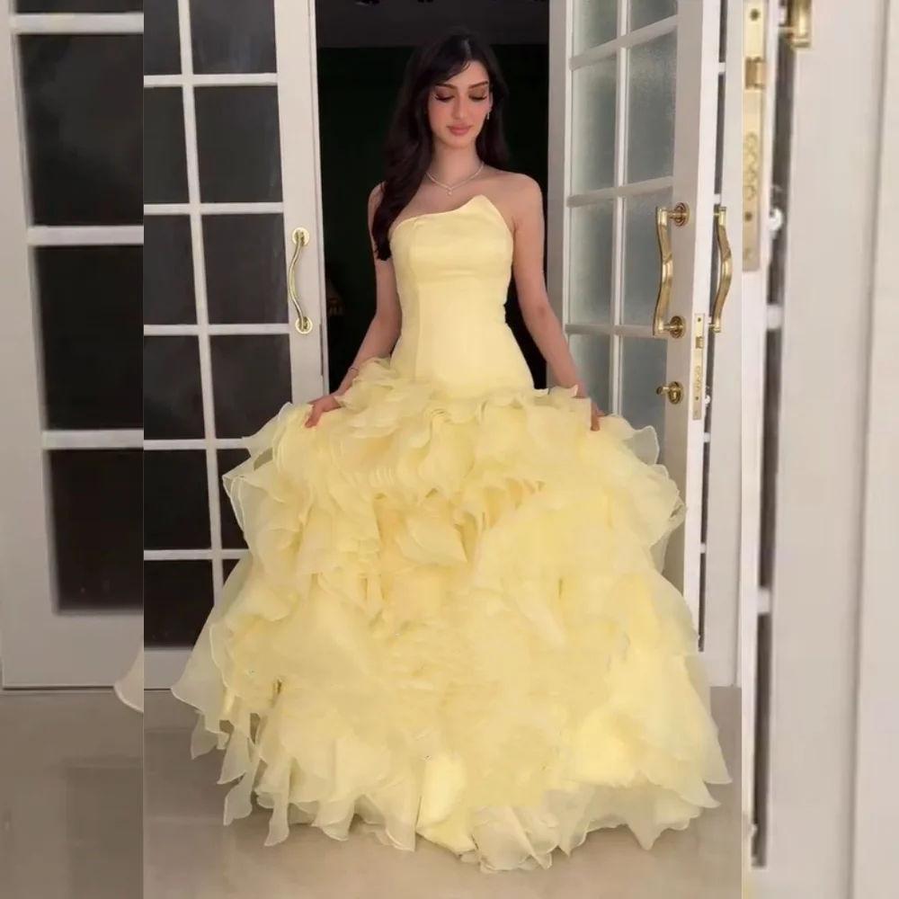 

Customized Matching Organza Pleat Ruffle A-line Strapless Long Dresses Bespoke Occasion Celebrity Chinese Style