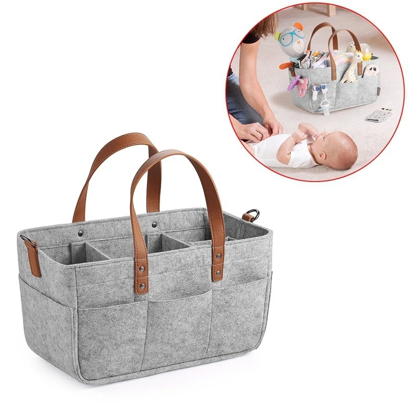 

Baby Felt Storage Nursery Organizer Basket Infant Diaper Bag with Handle Caddy Changing Nappy Kids Storage Carrier Large Pocket