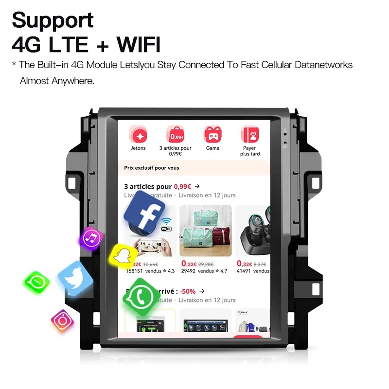 For Toyota Fortuner 2016-2021 12.1'' Android14 Vertical Screen Car Radio Multimedia Player GPS Navi Stereo Carplay BT 4G Auto