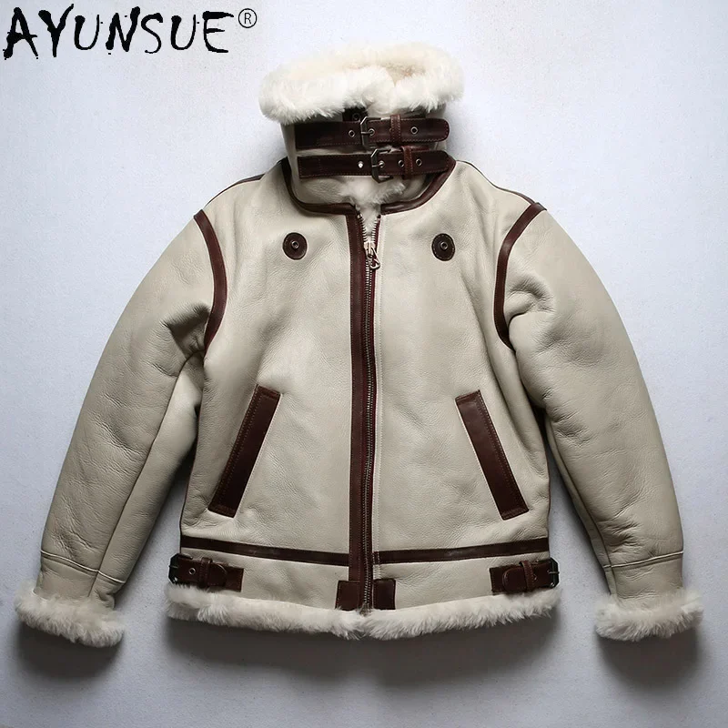 AYUNSUE Men's Sheepskin Leather Jacket Men Clothing Real Sheep Shearing Winter Jackets White Wool Fur Coat Hommes Veste LXR910