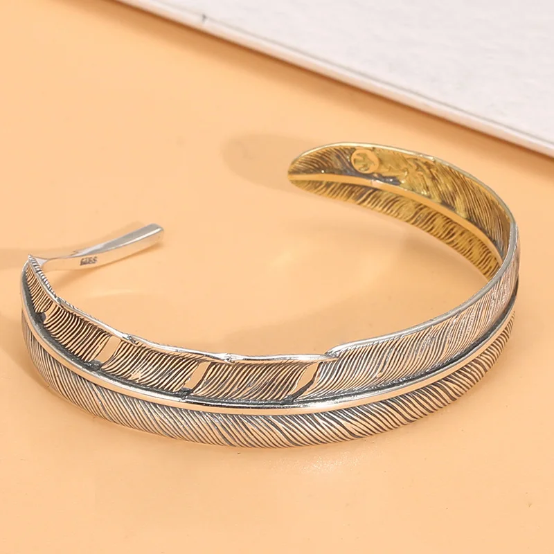 

S925 sterling silver feather men's fashion bracelet vintage Thai Silver Japanese style silver bracelet wholesale