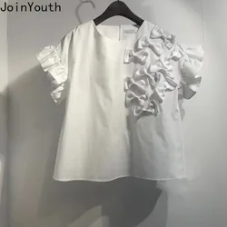 White T Shirts for Women 2024 Ropa Mujer Sweet 3D Bow Summer Tees Cute Crop Tops O-neck Short Sleeve Ruffles Fashion Y2k Tshirt