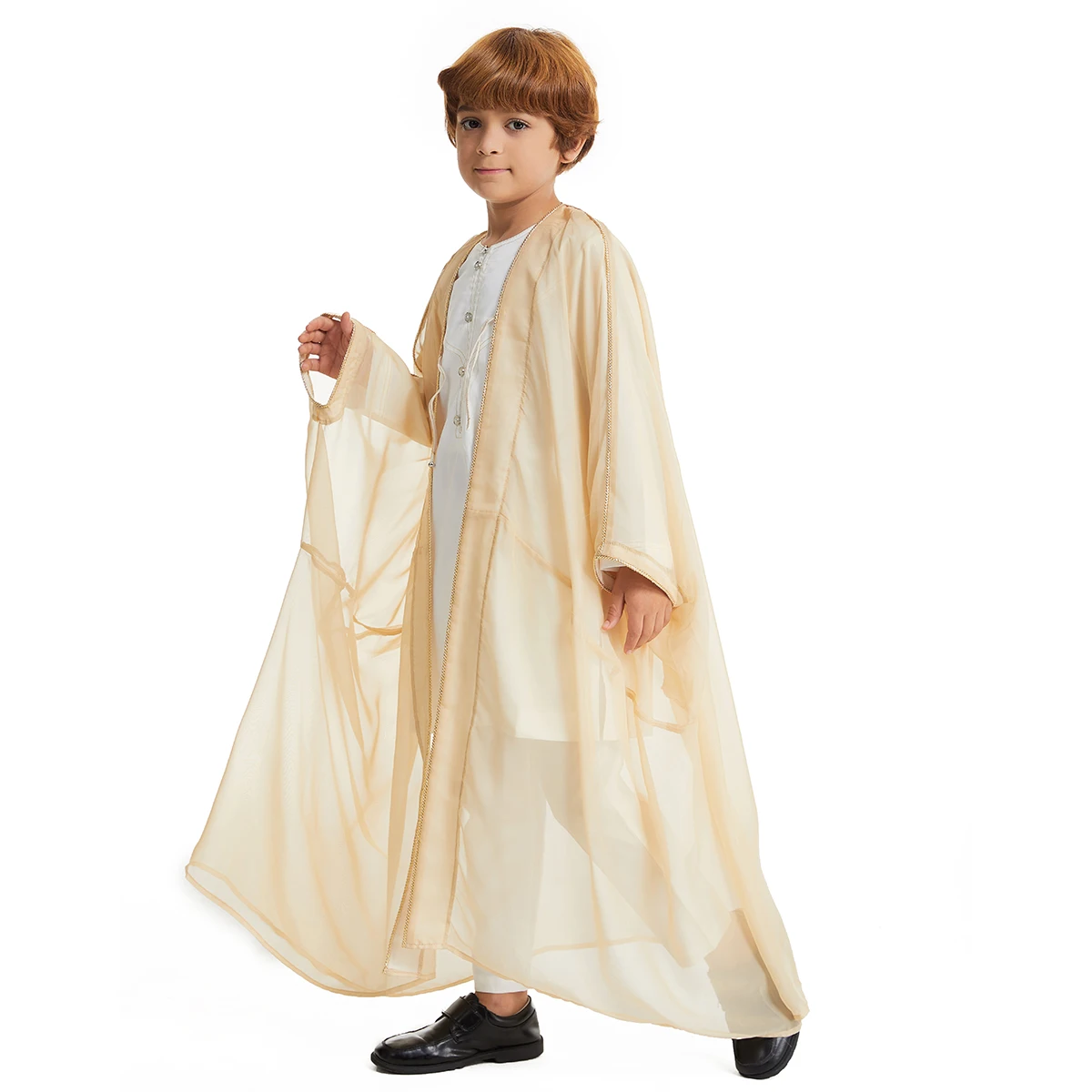 Robe Abaya Jubba en mousseline de soie pour garçons, cardigan musulman pour enfants, ouvert devant, Dubaï, Turquie, TH885