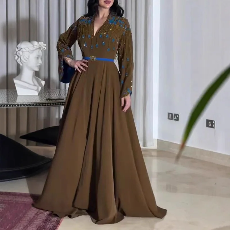 Sukienka szlafrokowa z nadrukiem kwiatów z diamentami, seksowna sukienka damska z dekoltem w serek, wysokim stanem, na bankiet, nowa moda, długi rękaw, dopasowana sukienka na wakacje.