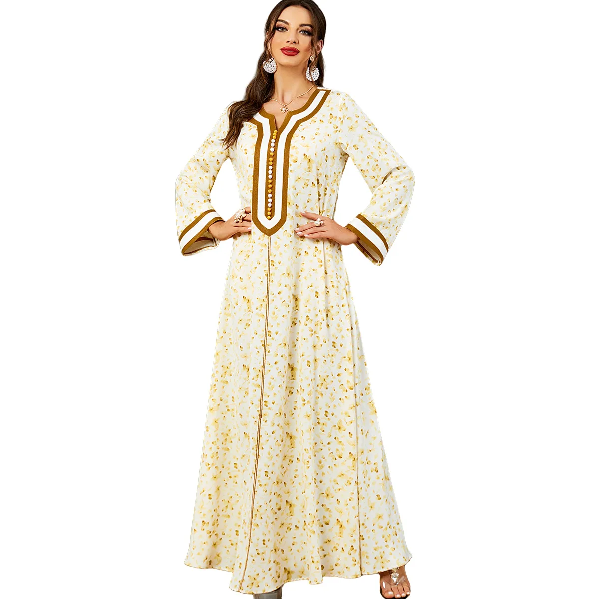 Fashion Arabic Robe Jalabiya Notched V-Neck Floral Dress For Muslim Woman Dubai Moroccan Elegant Casual Loose Abayas