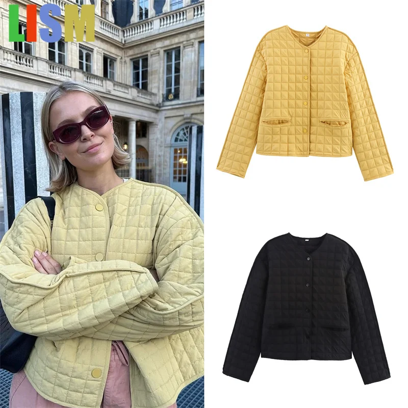 

LISM Women's Jacket Winter coat female 2025 New Solid Color Long Sleeve Wide Check Cotton Jacket Casual Fashion Simple