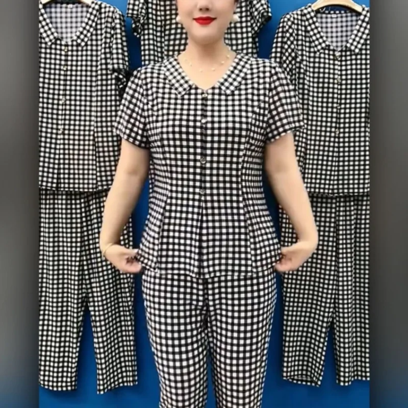 Summer New Korean Fashion Women Thin Plaid Two Piece Set V-neck Printed Patchwork Button Short Sleeved Top Straight Pants Suit