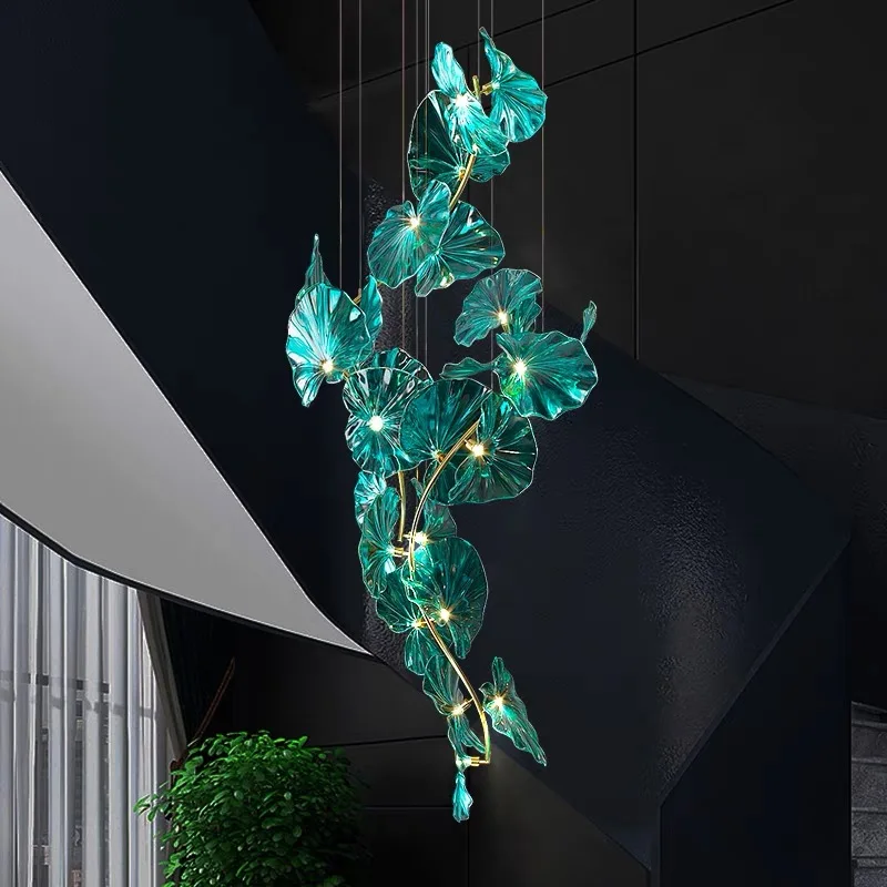 Green Glass Leaf Crystal Hanging Chandelier For Hotel Lobby Loft Living Dining Room Kitchen Island Nordic Lotus Leaf Chandeliers