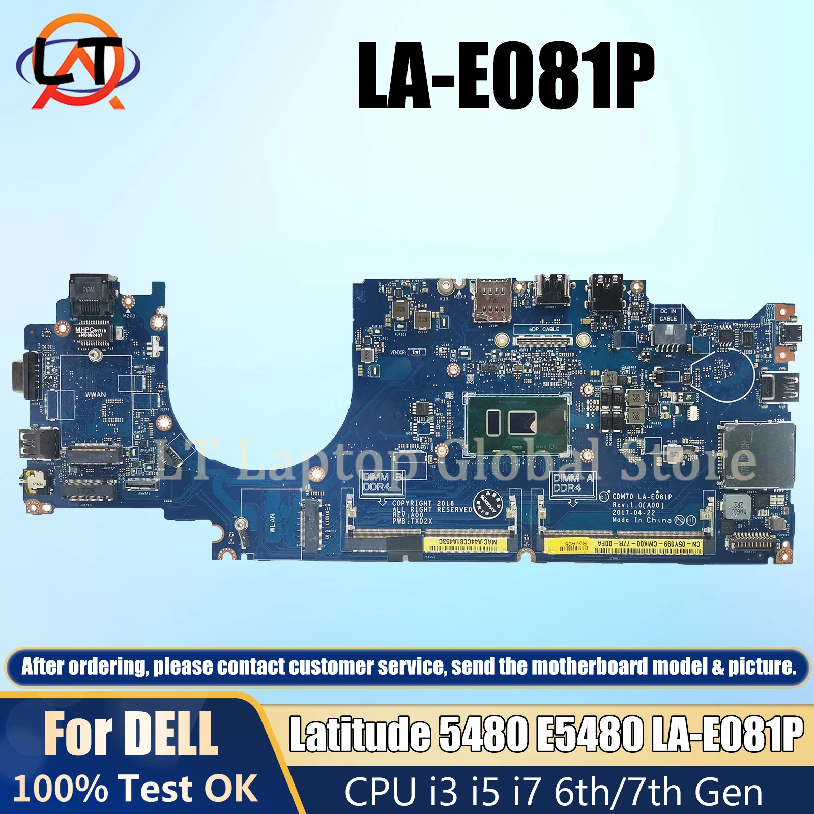 

LA-E081P Laptop motherboard for Dell Latitude 5480 E5480 0NNXR5 04X333 0W86DG 06G614 pc mainboard i3 i5 i7 6th/7th CPU Gen DDR4