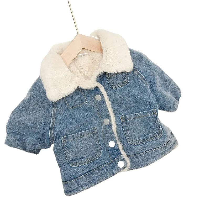 Children\'s Denim Jacket Plush Thick 2023 Winter Boys Coats Korean Girls Windbreaker Warm Outdoor Clothes for Baby Clothing