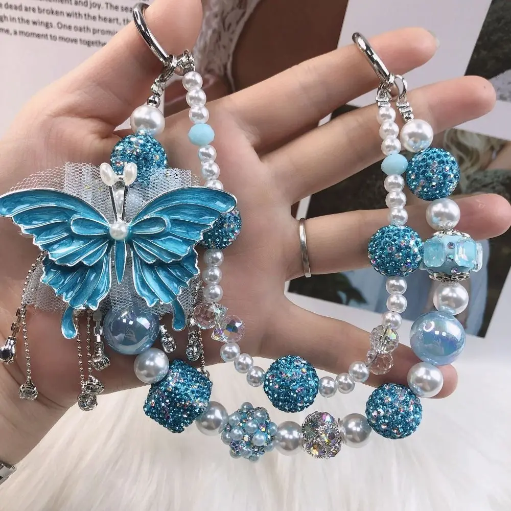 Glitter Rhinestone Phone Chain Pearl Luxury Butterfly Key Chain Wrist Strap Anti-loss Beaded Cell Phone Lanyard Backpack Pendant