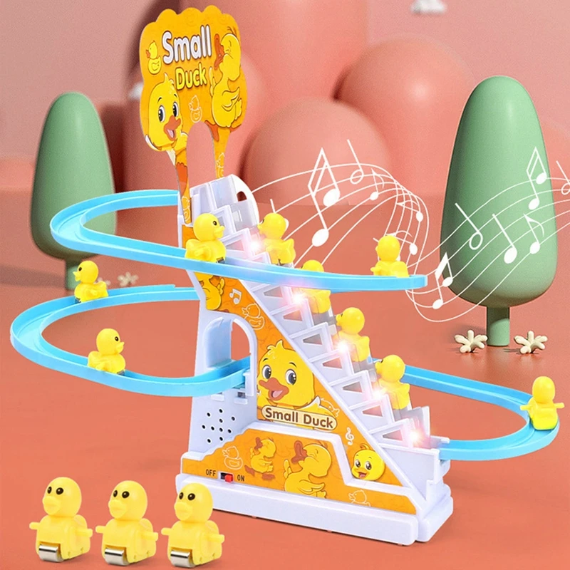 DIY Rail Racing Track Electric Ducks Climbing Stairs Toy Music Electric Roller Coaster Toy For Kid Children Gift