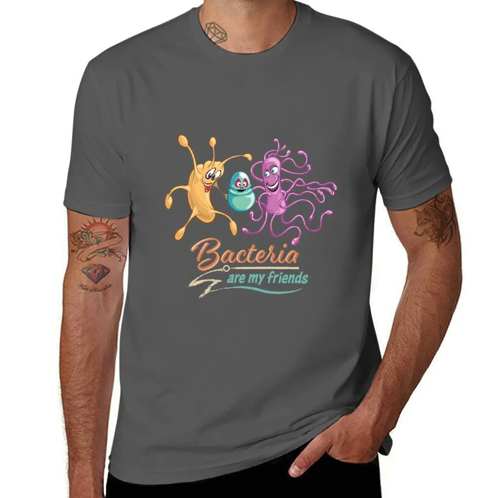 

Microbiology Funny Cartoon - Bacteria are My Friends with Retro Vintage Colors and Text T-Shirt men t shirt cotton 100% T-Shirt
