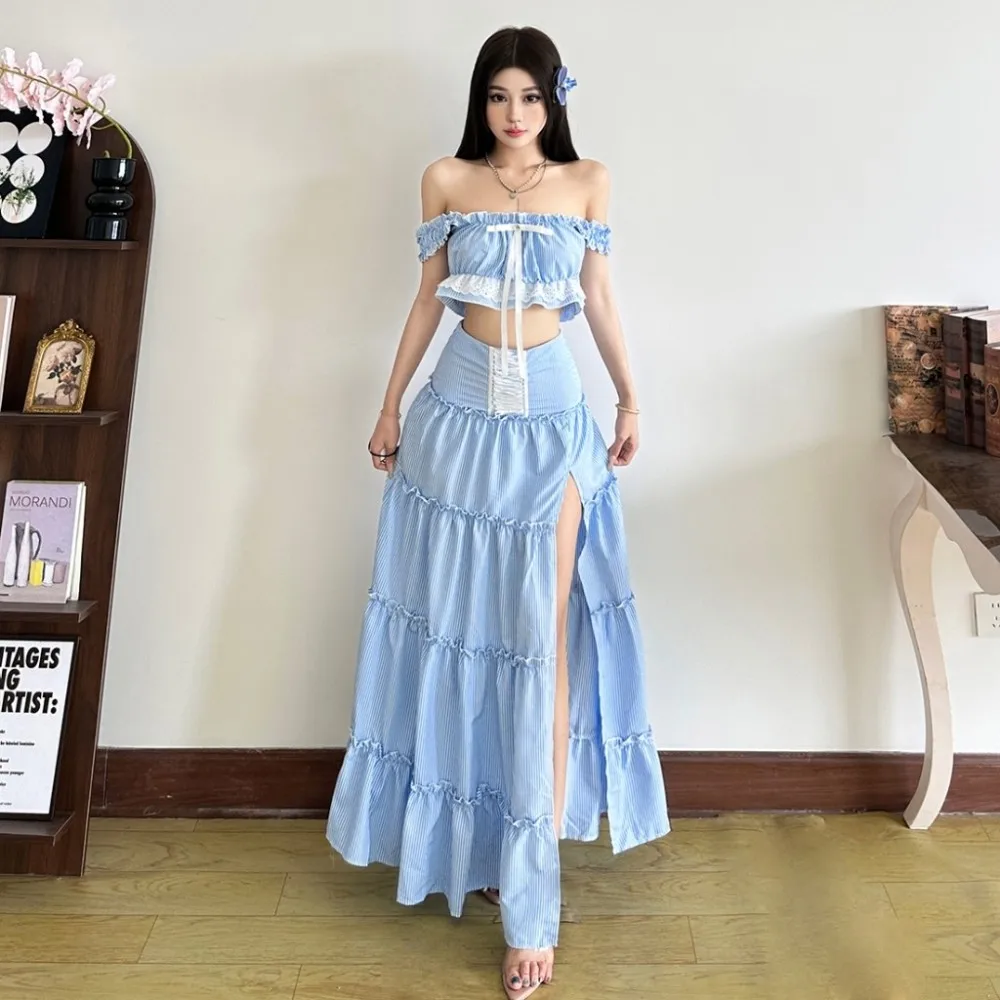 

SylCue Y2K Sweet Style 2 Piece Set Women Ruffles Slash Neck Bowknot Navel Exposed Tops+Shirring Splits Long Skirts Elegant Suits