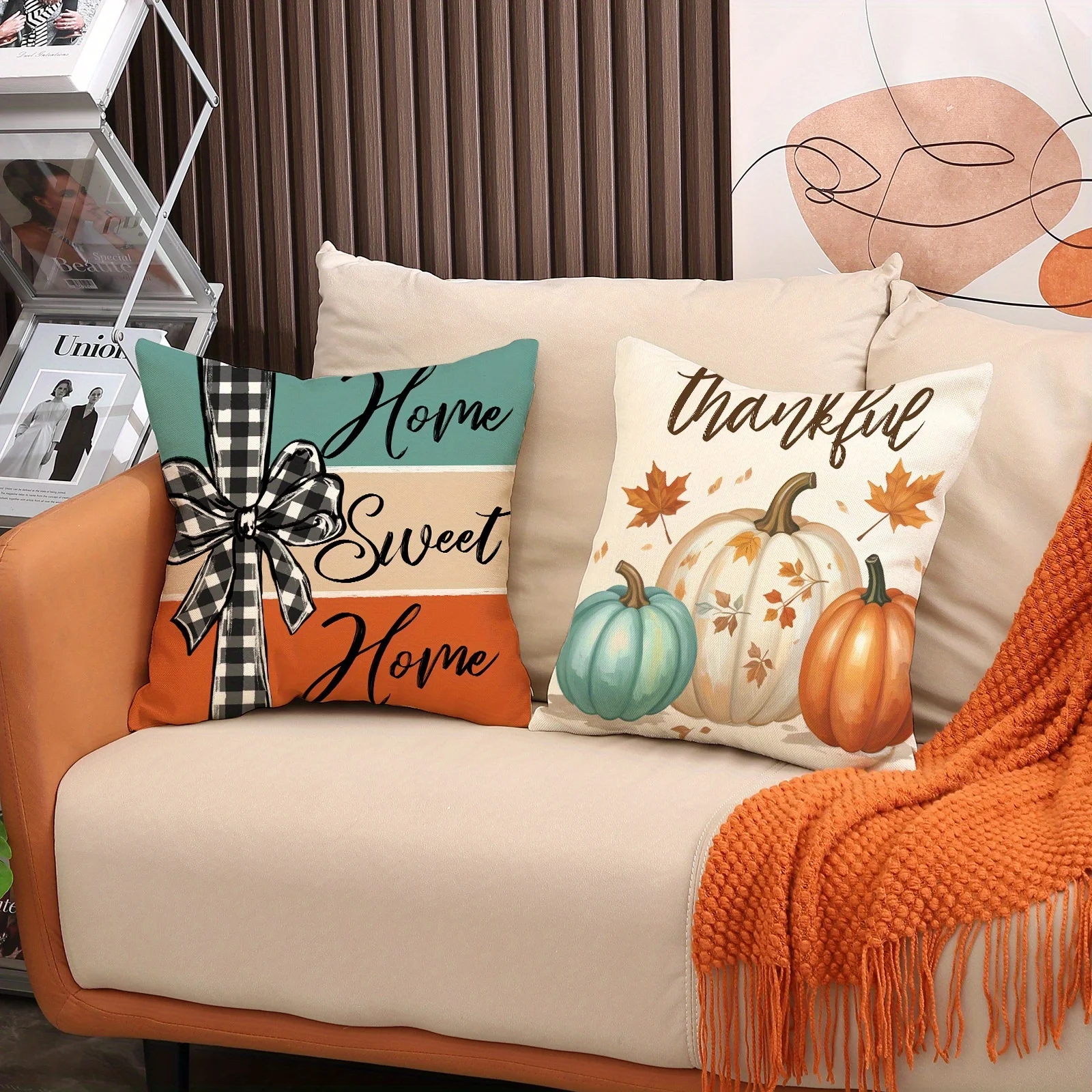 Thanksgiving Autumn Fall Decorative Pillow Covers Set 4 Pieces Printed Thankful Grateful Blessed Pumpkin Harvest Seasonal Home D