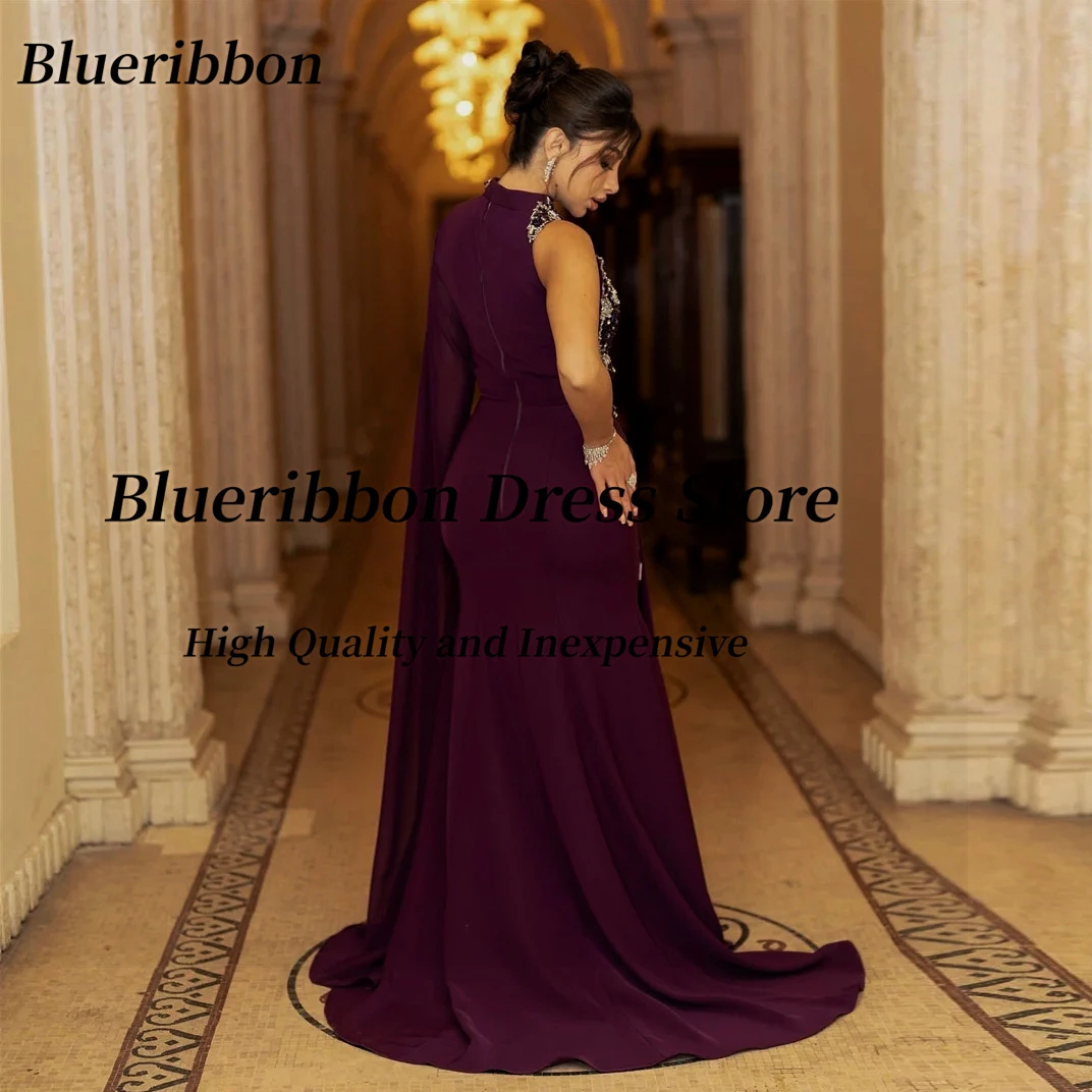 Blueribbon Saudi Prom Dresses Customized Beading High Collar Long Sleeve Evening Gowns Zipper Back Wedding Party Dress