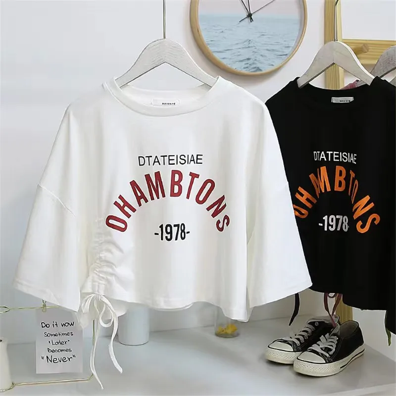 Fashionable Printed Drawstring Short Top Women Design Temperament Short Sleeve T-Shirt Black Green Pink White Orange Casual