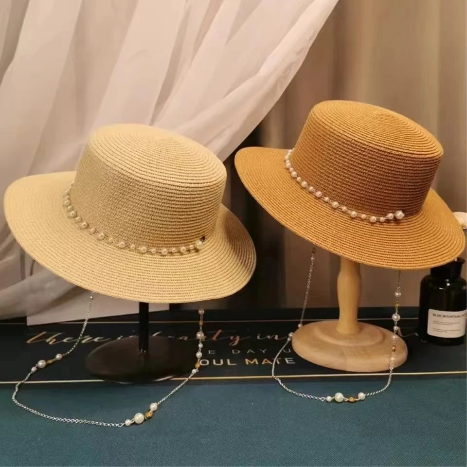 2024 Summer Elegant Pearl Chain Flat Sun Hats for Women Chapeau Feminino Straw Hat Panama Wide Brim Anti-UV Beach Cap Girl Hat