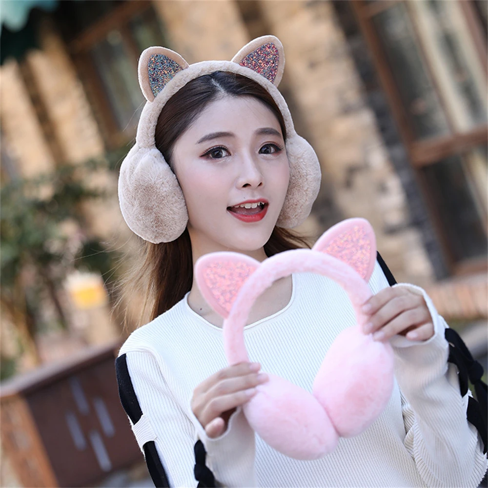 Cat Ears Plush Hair Sequin Earmuffs Winter Cute Ear Warmer Ear Muffs Women's Thickened Coldproof Warmer Earlap Christmas Gifts