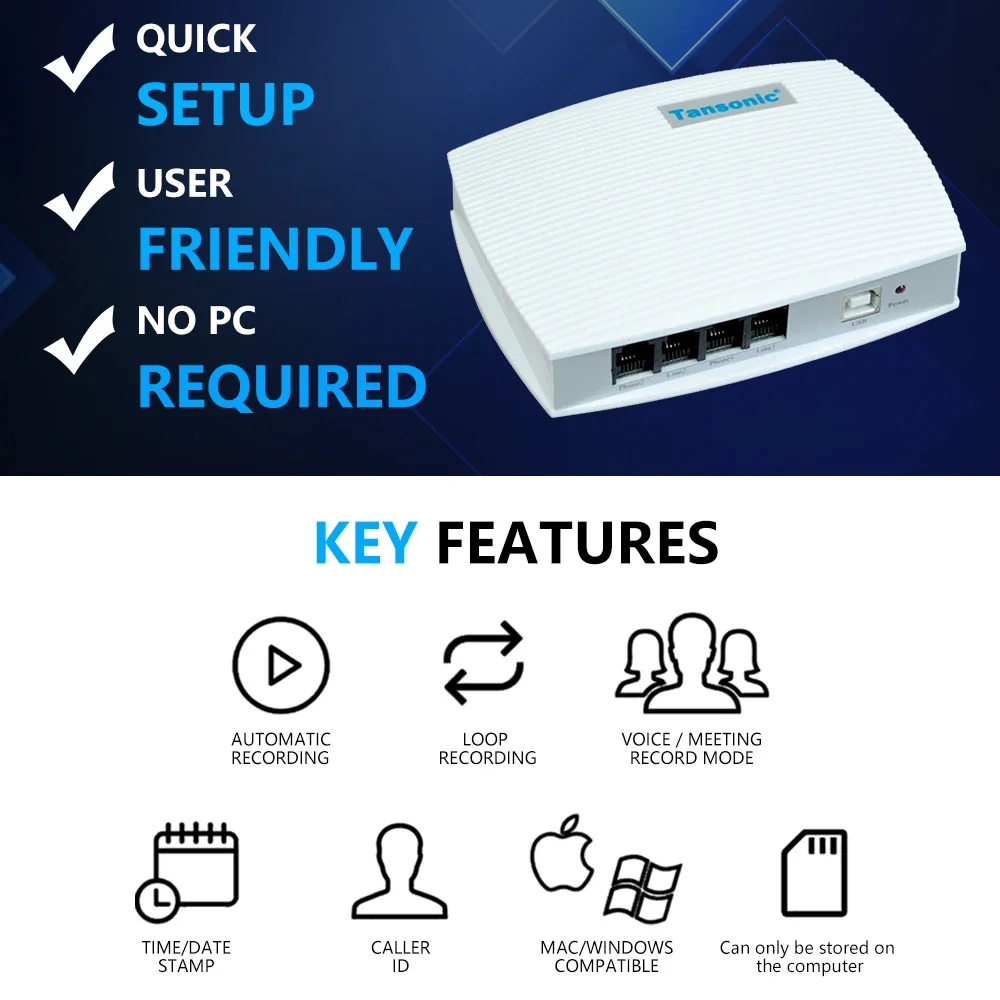 2CH Digital Telephone Record Voice Activated USB Telephone Recorder Enterprise Use Landline Monitor USB Monitor Phone Recording