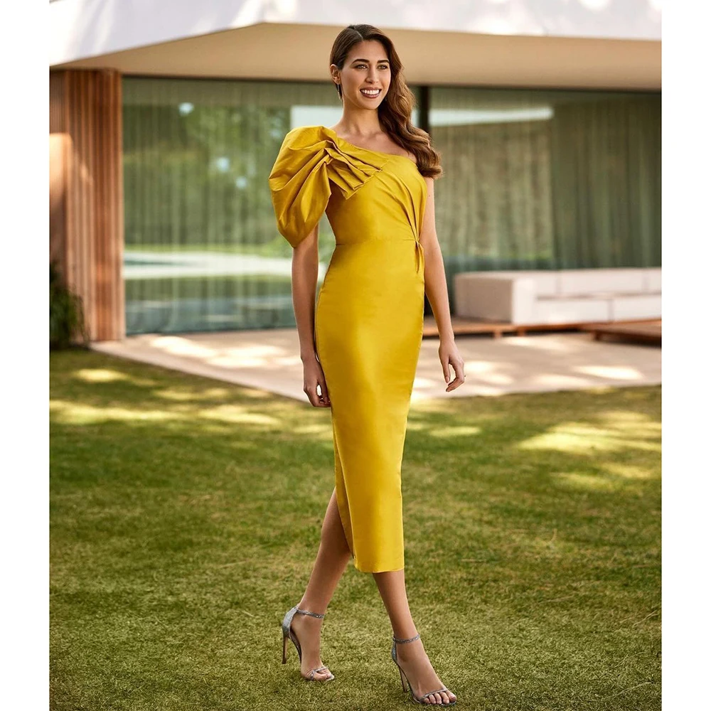 Ruffle Short Sleeve Yellow Evening Dress Pleat Straight Tea-Length One Shoulder Special Occasion Elegant Women 2025 فساتين سهرات