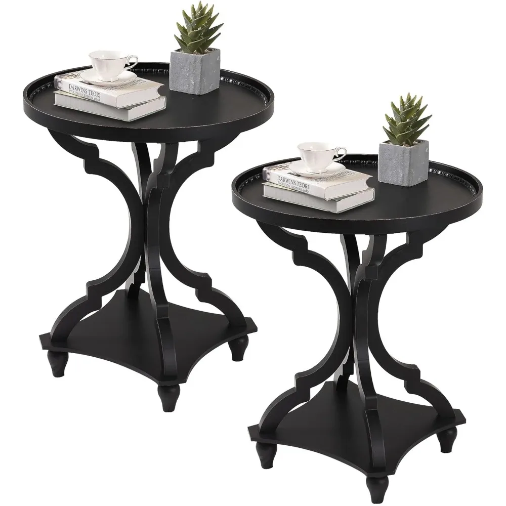 Round End Table, Rustic Side Table Nightstands for Living Room Bedroom, Wood Tray Top, Handcrafted Finish, Set of 2, Black